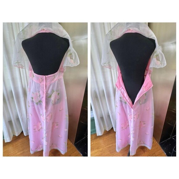 Vintage 1970s dress, pastel pink floral, capelet & train, sleeveless, open back - Picture 8 of 10